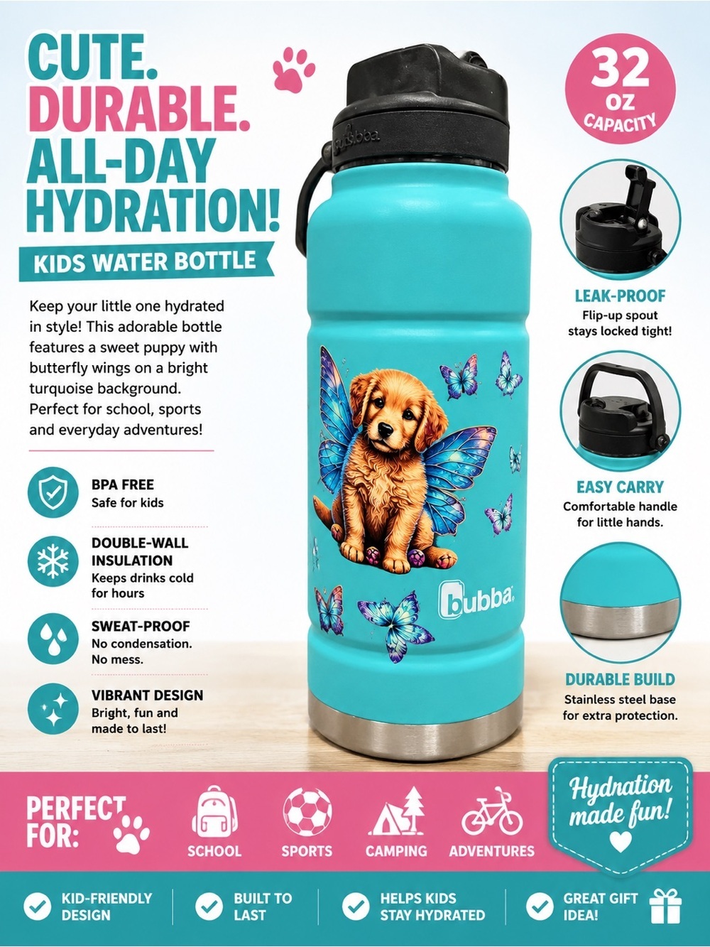 Hand Crafted Turquoise Water Bottle with Puppy & Butterflies